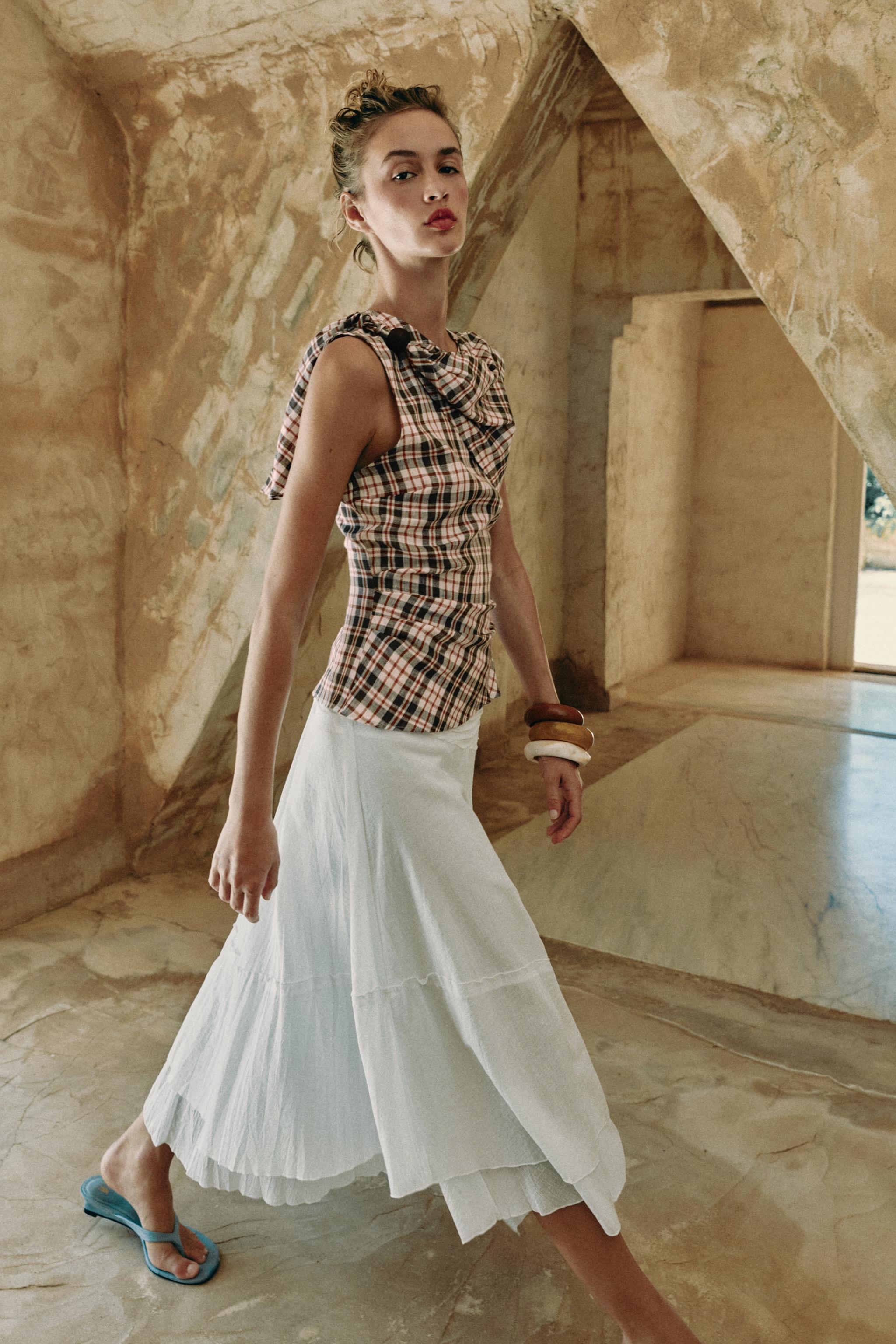 100% LINEN PLAID TOP